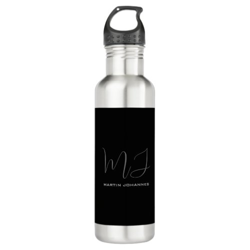 Black Grey Monogrammed Name Modern Minimalist Chic Stainless Steel Water Bottle