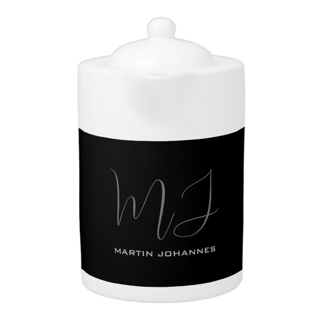 Black Grey Monogrammed Name Modern Minimalist Chic Teapot (Front)