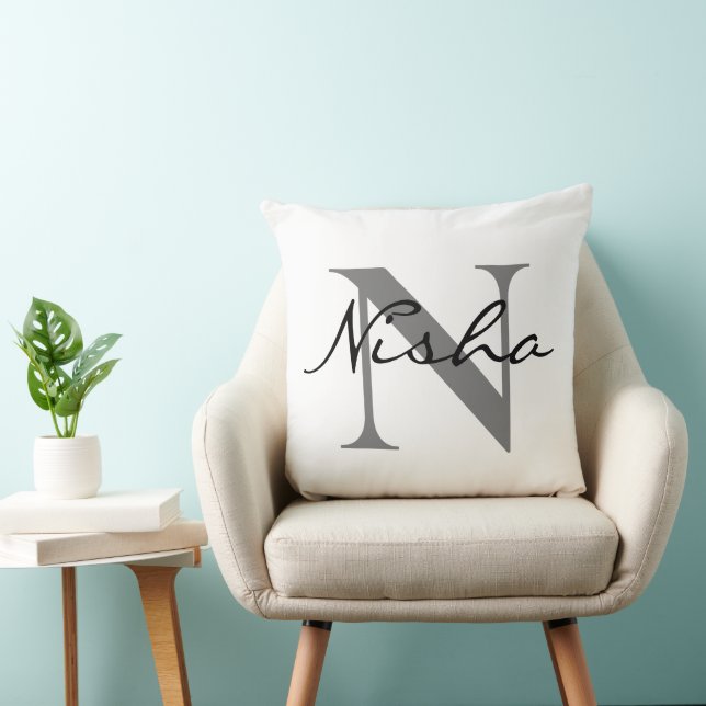 Black Grey Personalized Family Name Monogram Throw Pillow (Chair)