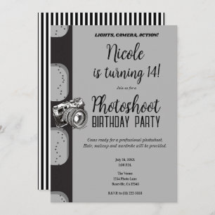 Black Grey Photoshoot Photography Birthday Party Invitation