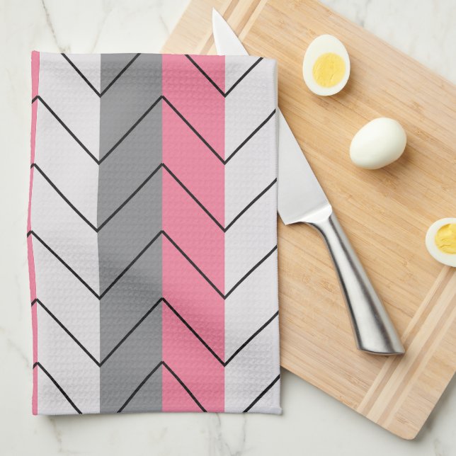 Black Grey Pink Chevron Stripes Pattern  Kitchen Towel (Quarter Fold)