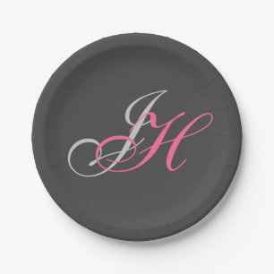Black Grey Pink Monogram Simple Plain Paper Plates