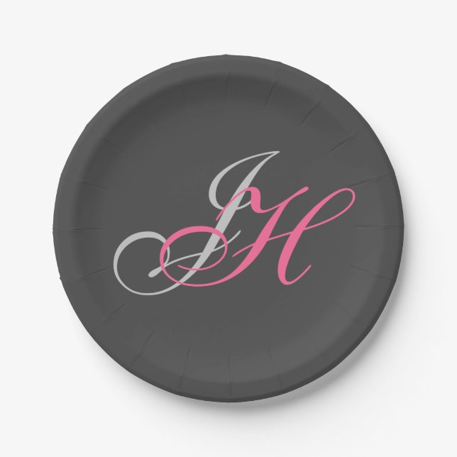 Black Grey Pink Monogram Simple Plain Paper Plates (Front)