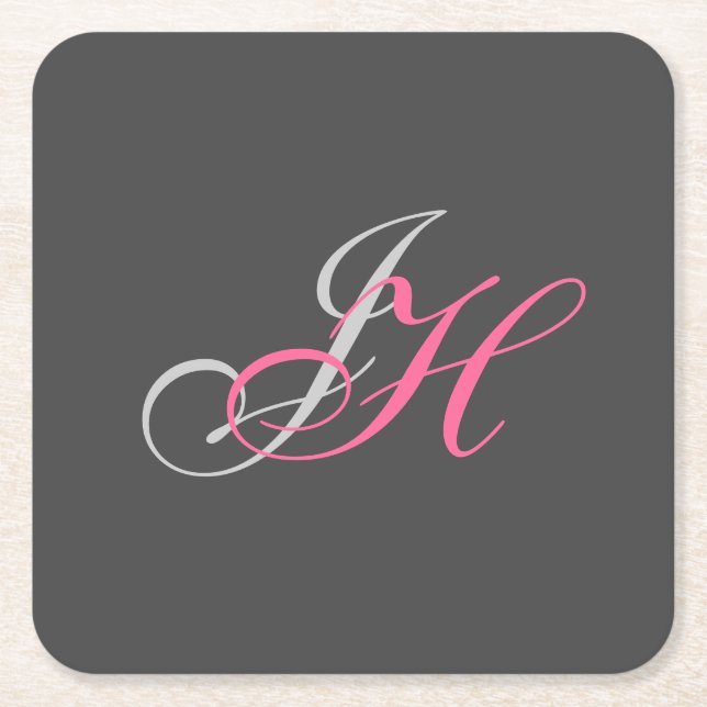 Black Grey Pink Monogram Simple Plain Square Paper Coaster (Front)