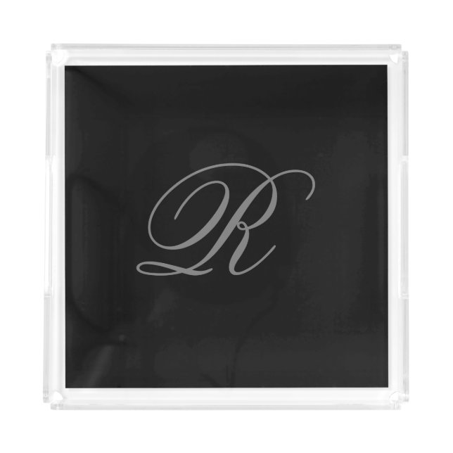 Black Grey Plain Minimalist Add Initial Monogram Acrylic Tray (Front)