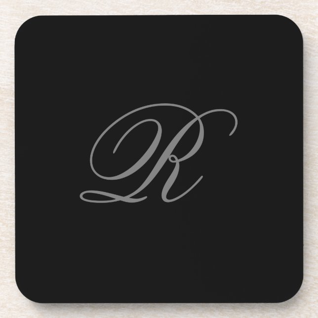 Black Grey Plain Minimalist Add Initial Monogram Beverage Coaster (Front)