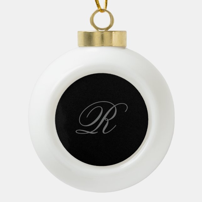 Black Grey Plain Minimalist Add Initial Monogram Ceramic Ball Christmas Ornament (Front)