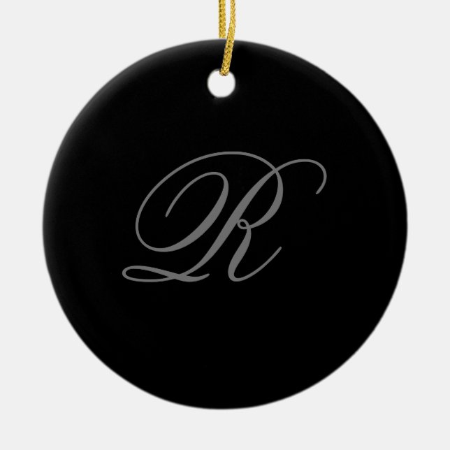 Black Grey Plain Minimalist Add Initial Monogram Ceramic Ornament (Front)