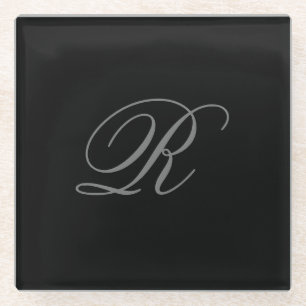 Black Grey Plain Minimalist Add Initial Monogram Glass Coaster
