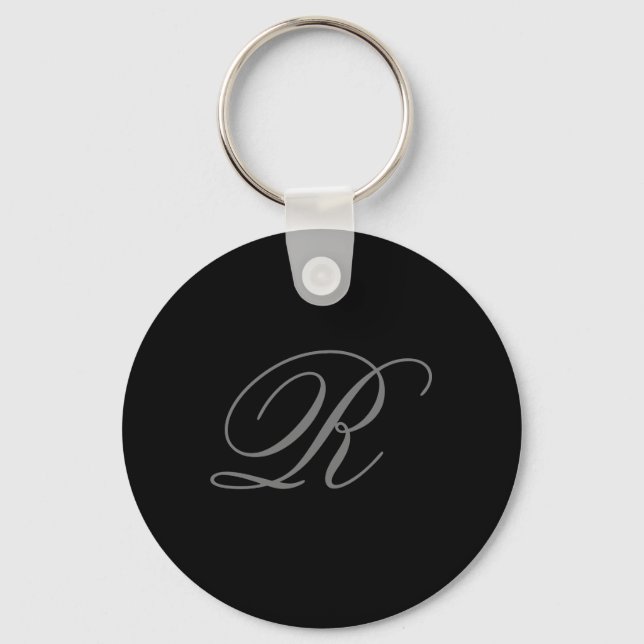 Black Grey Plain Minimalist Add Initial Monogram Keychain (Front)