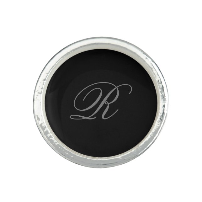 Black Grey Plain Minimalist Add Initial Monogram Ring (Front)