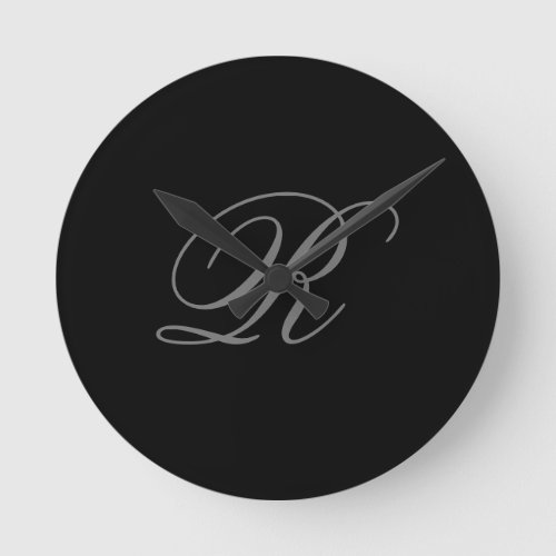Black Grey Plain Minimalist Add Initial Monogram Round Clock