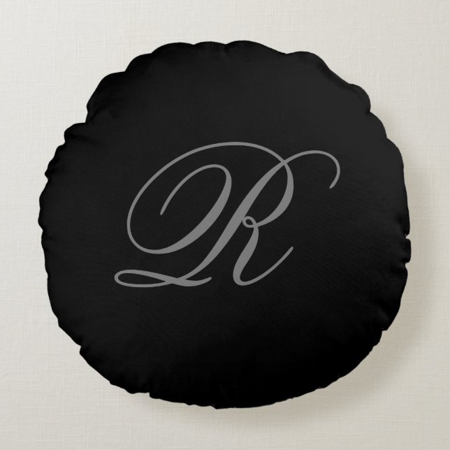 Black Grey Plain Minimalist Add Initial Monogram Round Pillow (Front)