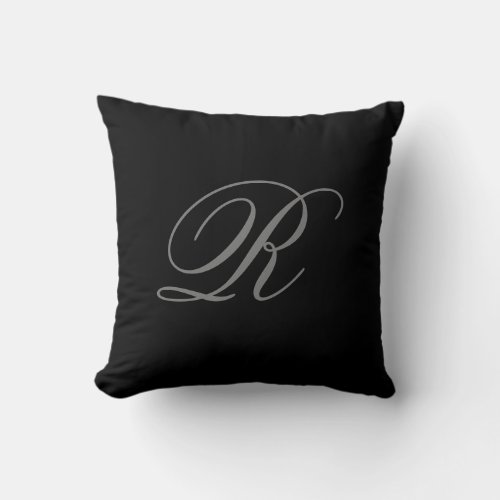 Black Grey Plain Minimalist Add Initial Monogram Throw Pillow