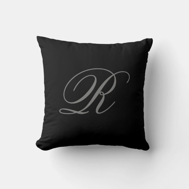 Black Grey Plain Minimalist Add Initial Monogram Throw Pillow (Front)