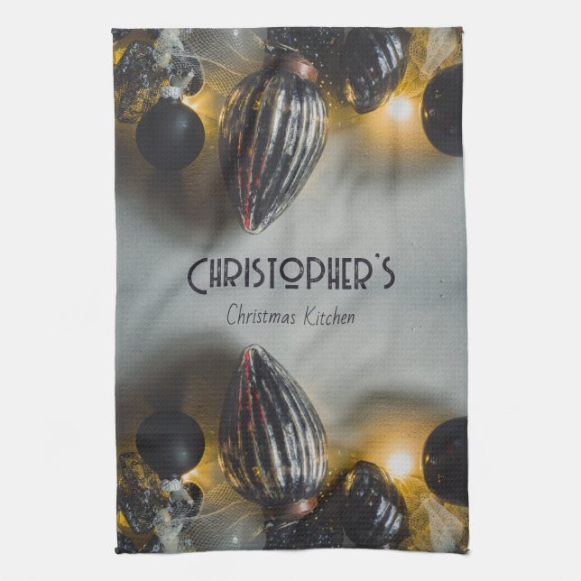 Black Grey Retro Christmas Ornaments Kitchen Towel (Vertical)
