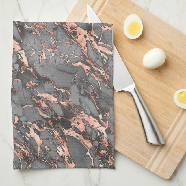 Black, Grey & Rose Gold Marble Kitchen Towel (Quarter Fold)