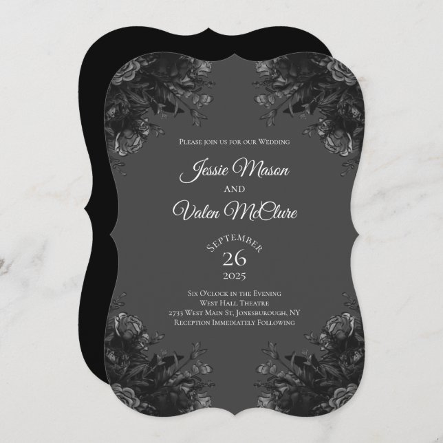  Black Grey Roses Gothic Elegant Wedding Invitation (Front/Back)
