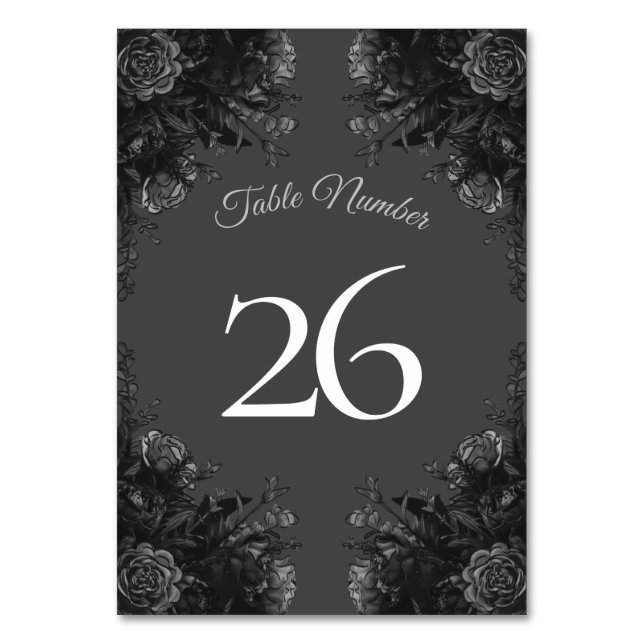 Black Grey Roses Gothic Wedding Table Number (Back)