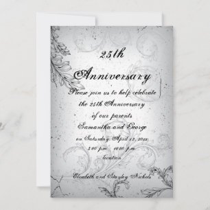 Black grey scroll leaf silver wedding anniversary invitation