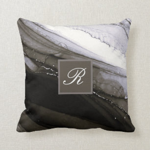 Black Grey Silver Marble Pretty Charcoal Monogram Throw Pillow