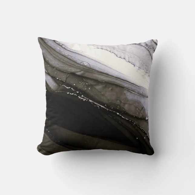 Black Grey Silver Marble Pretty Charcoal Throw Pillow (Front)