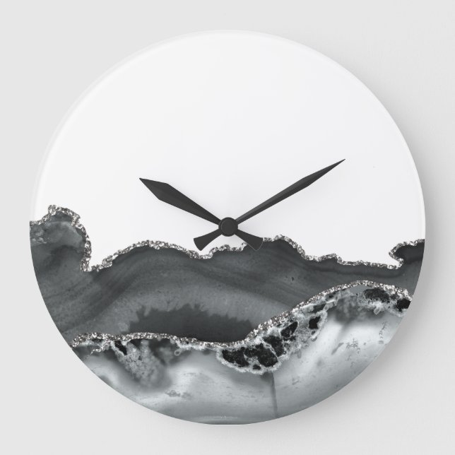 Black Grey Silver Metallic Agate Stone Large Clock (Front)