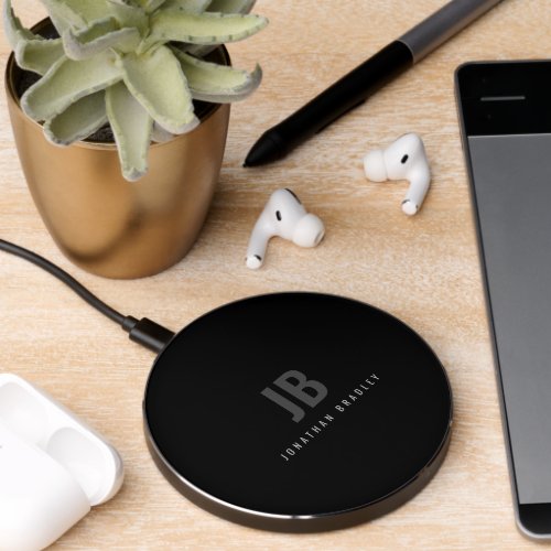 Black Grey Simple Two Letter Minimalist Monogram Wireless Charger