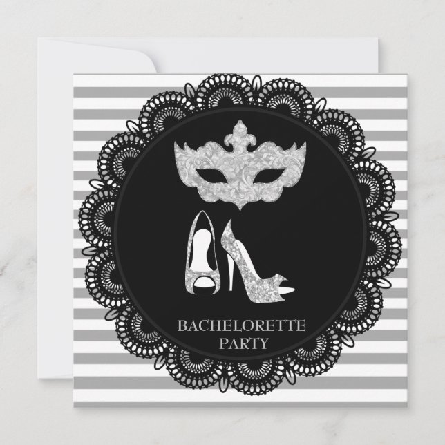 BLACK GREY STRIPE BACHELORETTE MASQUERADE PARTY INVITATION (Front)