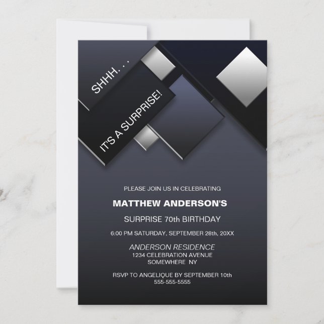 Black Grey Surprise 70th Birthday Party Invitation (Front)