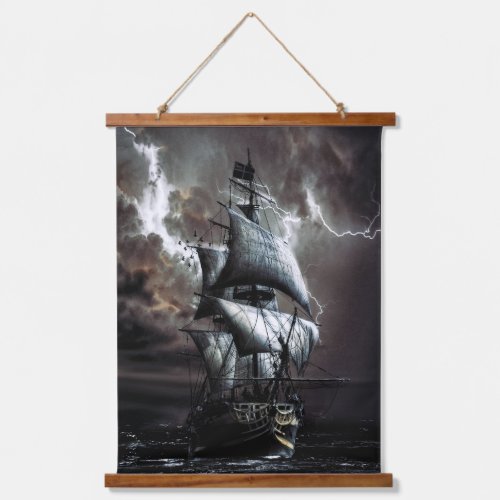 Black Grey tall Pirate Ship Storm Skies Sea Ocean Hanging Tapestry