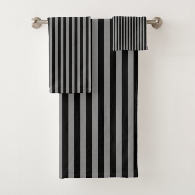 Black Grey Vertical Stripes Striped Pattern Chic Bath Towel Set (Insitu)