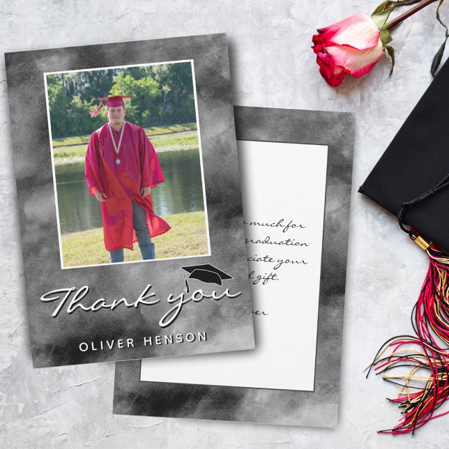 Black Grey Watercolor Graduation Photo  Thank You Card (Creator Uploaded)