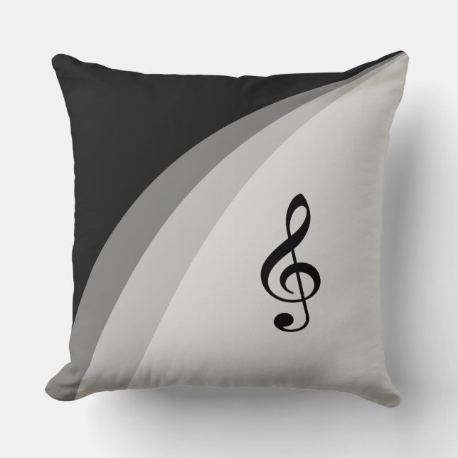 Black, Grey Wavy Lines & Musical Treble Clef Throw Pillow (Front)