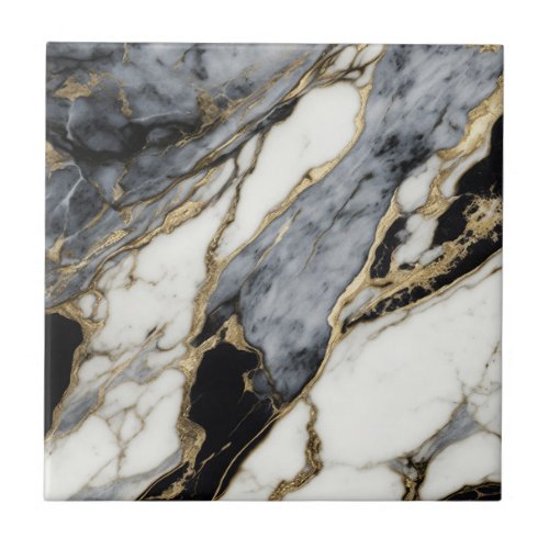 Black Grey White Gold Marble Swirl Abstract  Ceramic Tile