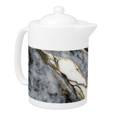 Black Grey White Gold Marble Swirl Abstract  Teapot