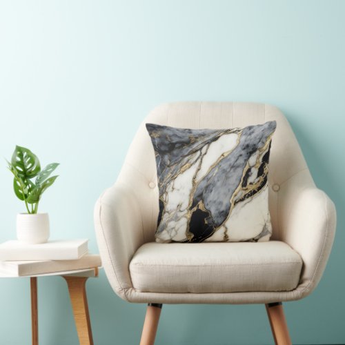 Black Grey White Gold Marble Swirl Abstract  Throw Pillow