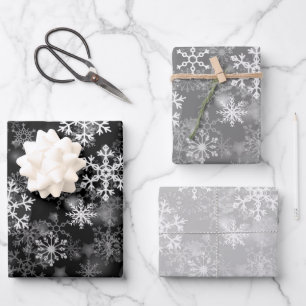Black Grey White Monochrome Snowflake Christmas Wrapping Paper Sheets