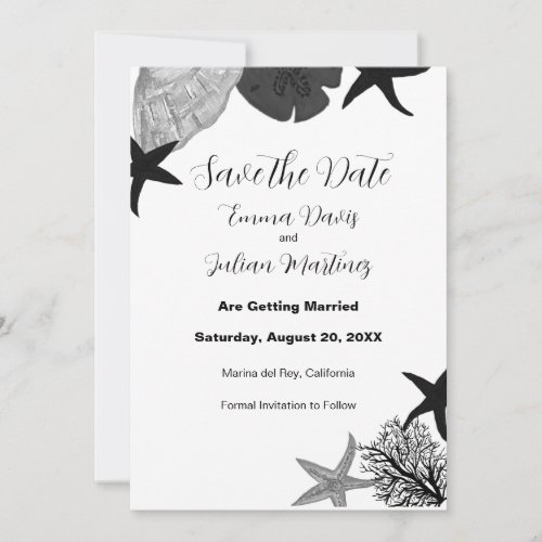 Black_grey_white seashell casual save the date invitation