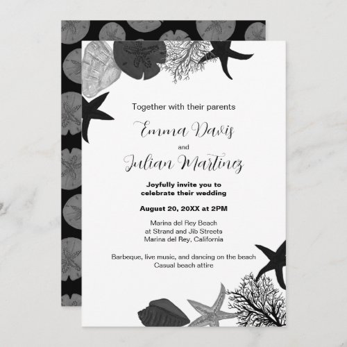 Black_grey_white seashell casual wedding  invitation