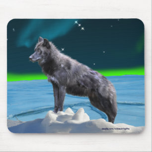 Black Grey Wolf & Northern Lights Fantasy Mousepad