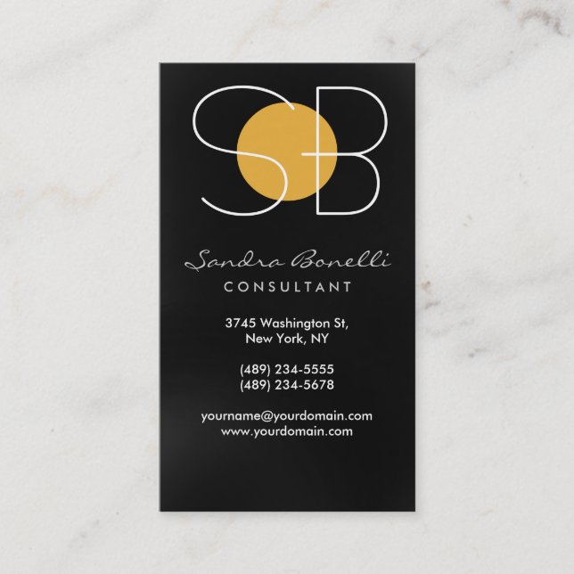 Black Grey Yellow Monogram Business Card (Front)