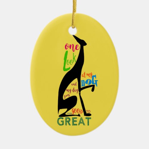 Black Greyhound Dog Silhouette Yellow Ceramic Ornament