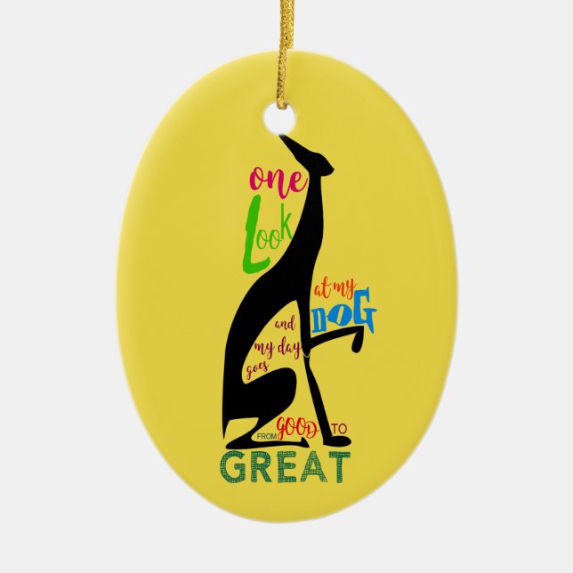 Black Greyhound Dog Silhouette Yellow Ceramic Ornament (Front)