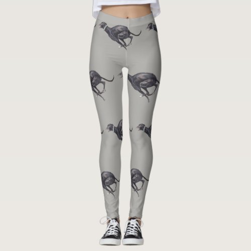 Black Greyhound Running Dog Art Leggings