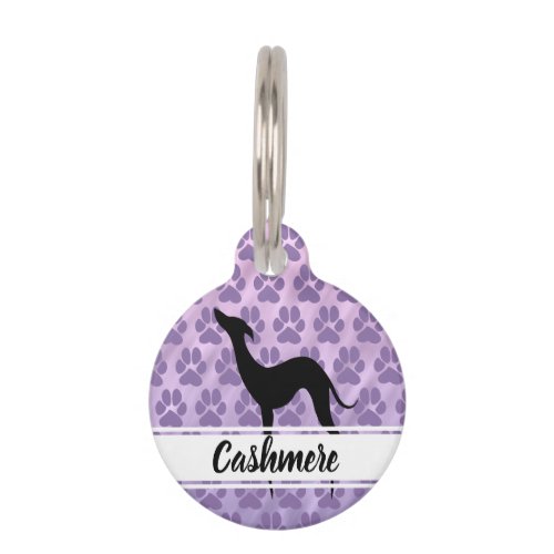 Black greyhound silhouette paw prints pattern Name Pet ID Tag