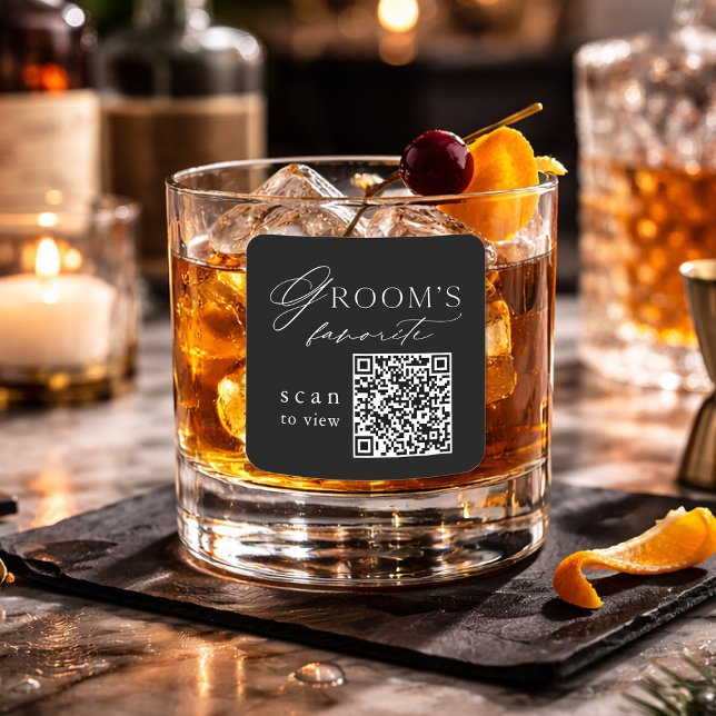 Black Groom’s Favorite QR Code Wedding Drink Square Sticker (Creator Uploaded)