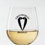 Black Groomsman Name Wedding Bachelor Party Stemless Wine Glass<br><div class="desc">Ready to celebrate your holy matrimony in style?  Add this groomsman wine glass with black suit and bowtie graphic to your wedding memory collection.  Black customizable name text.  Customize it for each groomsmen.  Great for a groom's bachelor party.</div>