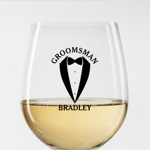 Black Groomsman Name Wedding Bachelor Party Stemless Wine Glass
