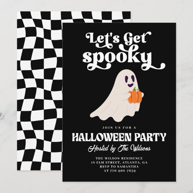 Black Groovy Ghost Let's Get Spooky Halloween Invitation (Front/Back)